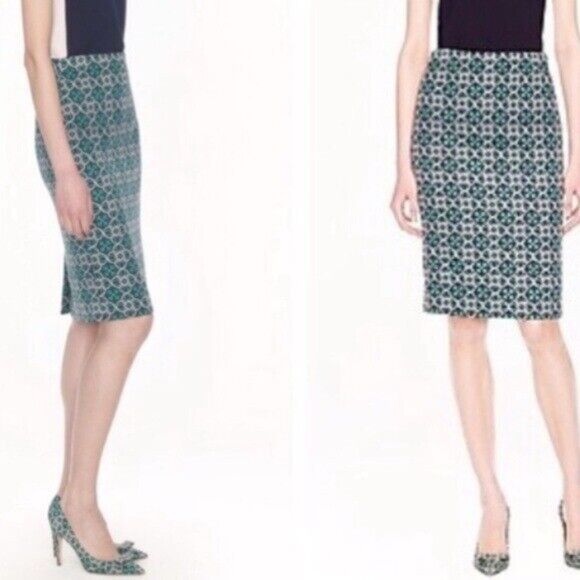 J.Crew Green Geometric Pencil Skirt | Jacquard Fair Isle Style | Women’s 4 - Picture 1 of 5